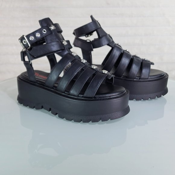 Slacker 2" Platform Gothic Sandals with Skull & Cross-Bone Studs - Picture 1 of 14